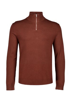 Brauner Langarm-Strickpullover mit halbem Reißverschluss und gerippten Bündchen und Saum, dargestellt auf weißem Hintergrund.