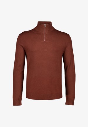 Brauner Langarm-Strickpullover mit halbem Reißverschluss und gerippten Bündchen und Saum, dargestellt auf weißem Hintergrund.