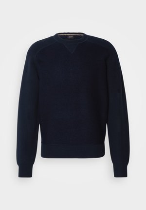 Maglione lavorato a maglia di un blu navy scuro con scollo rotondo, polsini a costine e dettagli sui pannelli delle spalle. Texture morbida con un motivo uniforme e orlo elastico.