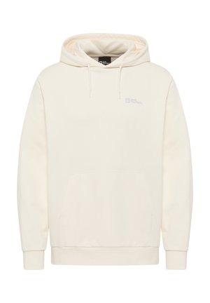 Cremefarbene Kapuzensweatshirt aus weichem Material mit einer vorderen Kängurutasche und einem dezenten Logo auf der Brust. Ausgestattet mit gerippten Bündchen und Saum.