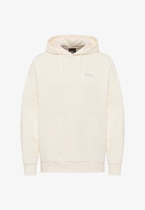 Cremefarbene Kapuzensweatshirt aus weichem Material mit einer vorderen Kängurutasche und einem dezenten Logo auf der Brust. Ausgestattet mit gerippten Bündchen und Saum.