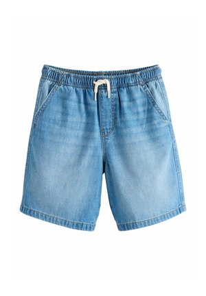 Hellblaue Jeansshorts mit elastischem Bund, weißer Kordel und Vordertaschen, auf weißem Hintergrund dargestellt.