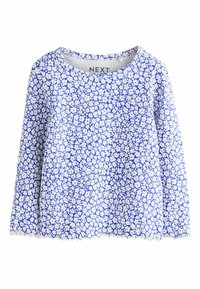 Kerek nyakkivágású hosszú ujjú felső. Kék alapon apró fehér virágmintákkal. Csipkés szegély az alján.