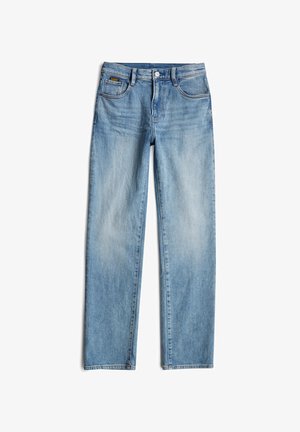 Jean en denim bleu clair avec une coupe droite. Comprend un bouton de fermeture, cinq poches et un léger délavage sur le tissu.