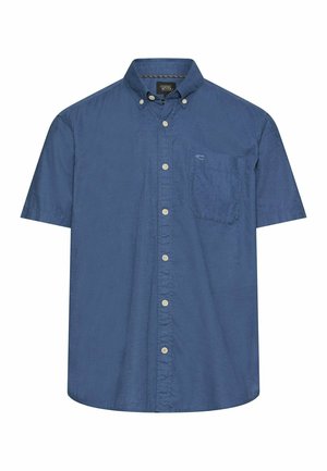 Chemise bleue à manches courtes avec col boutonné, poche poitrine et boutons blancs à l'avant.