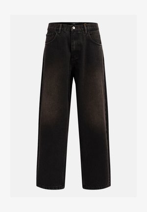 Jeans en denim noir avec une coupe décontractée, comprenant des passants de ceinture, un design à cinq poches et une fermeture à bouton. Tissu texturé avec un léger effet de décoloration.