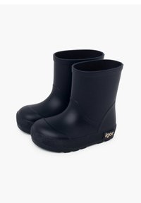 Bottes de pluie en caoutchouc noir avec une finition lisse et des semelles texturées. Présente un logo sur le talon et de larges ouvertures pour un enfilage facile.