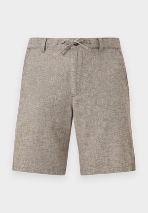 Shorts texturés de couleur brun clair, longueur genou, avec passants de ceinture, cordon de serrage noué et poches latérales, présentés sur un fond uni.