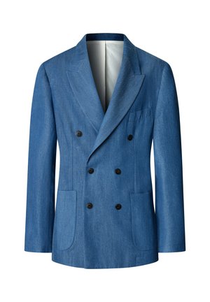 Blazer bleu croisé à boutons noirs, col à revers crantés, deux poches plaquées à l'avant et une poche poitrine, présenté sur un fond blanc.
