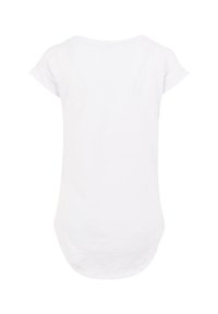 White short-sleeve T-shirt with a rounded neckline and a curved hem. Smooth texture, casual design without patterns or hardware.