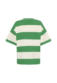 Grün-weiße gestreifte Kurzarm-Cotton-T-Shirt mit entspannter Passform und Rundhalsausschnitt, das horizontale Streifen in variierenden Breiten aufweist.