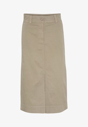 Khaki sukňa po kolená vyrobená z bavlnenej zmesi, s rovnými líniami, predným zapínaním na gombíky a dvoma bočnými vreckami.