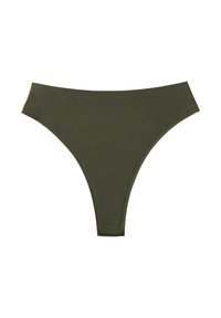 Perizoma verde oliva realizzato in tessuto liscio, con un design a taglio alto e senza cuciture visibili, creando un aspetto minimalista.