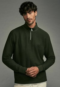 Dunkelgrüner Pullover mit hohem Kragen, halbem Reißverschluss vorne und strukturiertem Stoff. Lange Ärmel mit Rippbündchen. Einfaches, einfarbiges Design.