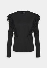 Sort langærmet T-shirt med asymmetrisk lace-volant over skuldrene og rund halsudskæring. Blødt bomuldsmateriale.