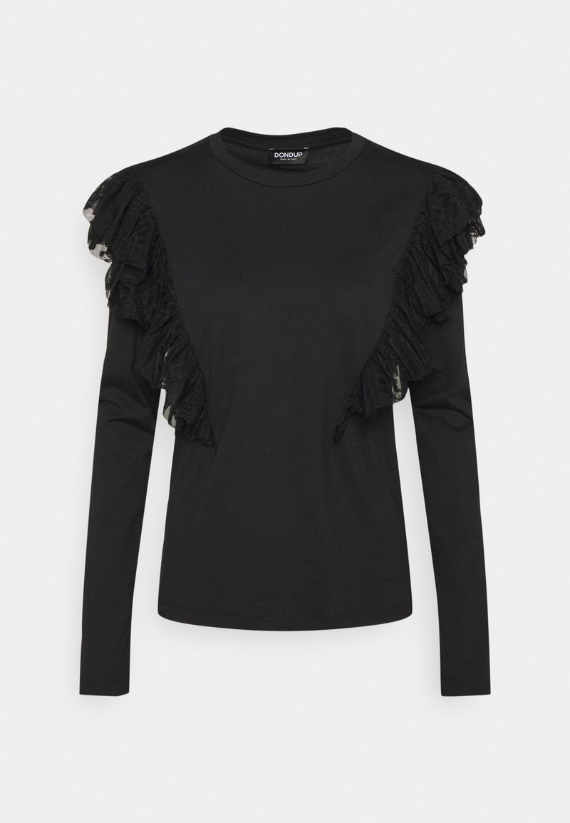 Sort langærmet T-shirt med asymmetrisk lace-volant over skuldrene og rund halsudskæring. Blødt bomuldsmateriale.