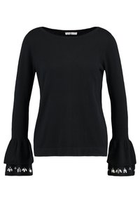 Zwarte long sleeve top met flared manchetten met decoratieve zilveren versieringen en een bateau halslijn. Gemaakt van zacht, rekbaar materiaal.