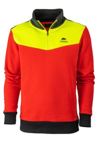 Czerwony i żółty rozpinany sweatshirt z wysokim kołnierzem, z czarnymi mankietami i dolnym brzegiem. Logo na górnej lewej części klatki piersiowej. Miękka tekstura.