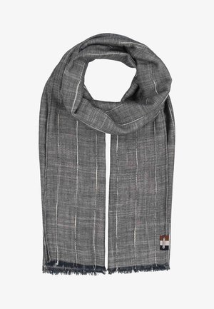 Gray woven scarf with thin vertical white stripes and frayed edges, folded in a loop with a small rectangular tag near one end.