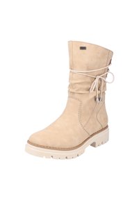 Bottines en suède beige avec un design froncé, un système de laçage ajustable et une semelle texturée blanche. Accents de couture subtils.