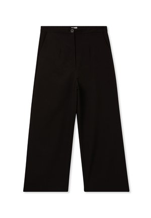 Pantaloni neri a gamba larga realizzati in un tessuto morbido. Presentano una chiusura con bottone, pieghe e tasche laterali per una maggiore funzionalità.