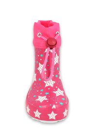 Roze rubberen regenlaars met een ster- en stippenpatroon, een toegestrokken bovenkant en een rode togglesluiting. Glad oppervlak met een witte zool.