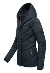 Navy puffer jacket with a high collar, diagonal quilted pattern, two front zipper pockets, and a branded patch on the left sleeve.