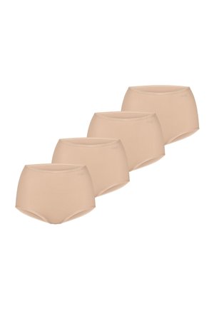 Fire beige sømløse trusser med høj talje og glatte kanter arrangeret i en diagonal række mod en hvid baggrund.