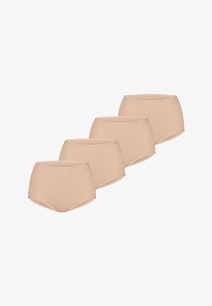 Neljä vaalean beigekarvaista saumattomasti valmistettua alushousua, joissa on korkea vyötärö ja sileät reunat, aseteltuna vinoriviin valkoista taustaa vasten.