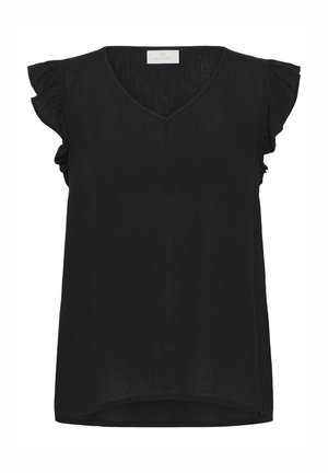 Débardeur noir sans manches avec un décolleté en V et des détails froncés aux épaules. Tissu doux et léger avec une coupe décontractée et un ourlet incurvé.