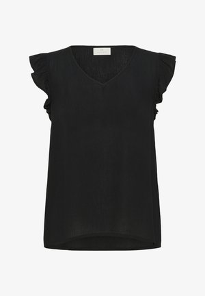 Czarny top bez rękawów z dekoltem w kształcie litery V i falbaniastymi detalami na ramionach. Miękka, lekka tkanina o luźnym kroju i zaokrąglonym dole.