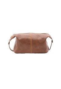 Borsa in pelle marrone con chiusura a zip, caratterizzata da una forma rettangolare semplice e una maniglia laterale per un facile trasporto. Dettaglio di cucitura a contrasto.