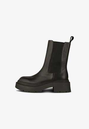 Schwarzer Lederstiefel mit elastischen seitlichen Einsätzen, abgerundetem Zehenbereich und stabiler Gummisohle. Verfügt über einen Ziehrahmen für einfaches Anziehen.