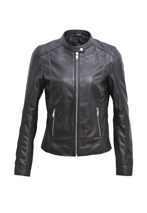 Černá kožená bunda s vysokým límcem, zipem vpředu a bočními kapsami, přiléhavý střih a hladká textura.