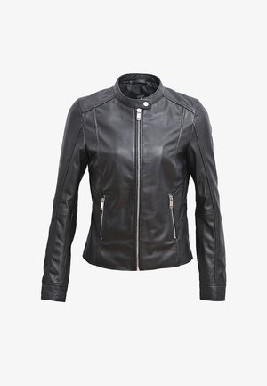 Zwarte leren jas met hoge kraag, ritssluiting aan de voorkant en zijzakken, aansluitend ontwerp en een gladde textuur.