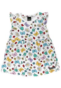Weißes kurzärmliges Kleid mit Rüsche an den Schultern, versehen mit einem bunten Blumen- und Schmetterlingsmuster, aus weichem Baumwollstoff gefertigt.