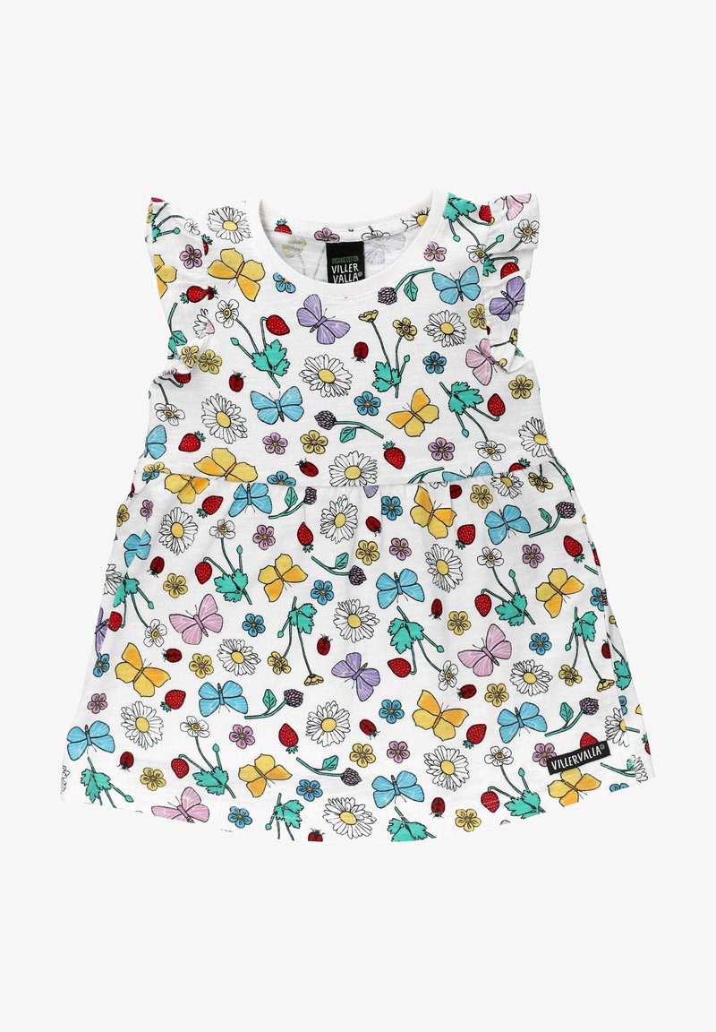 Biała sukienka z krótkim rękawem z falbanami na ramionach, z kolorowym kwiatowym i motylkowym wzorem, wykonana z miękkiej bawełny.