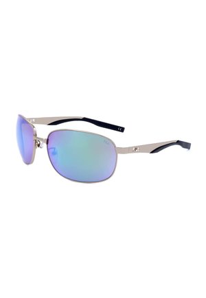 Occhiali da sole rettangolari con montatura in metallo argento, lenti specchiate blu-viola e punte delle aste nere, marchiati FILA sulle aste.