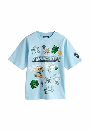 Hellblaues Minecraft-T-Shirt mit pixeligen Charakteren, Blöcken und den Sprüchen "Craft Without Limits" und "Think Outside the Block".