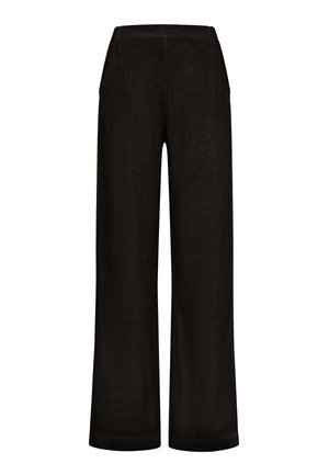 Schwarze Hose mit weitem Bein aus einem leichten, strukturierten Stoff. Verfügt über einen elastischen Bund und seitliche Taschen. Einfaches, minimalistisches Design.