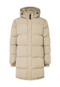 Beige puffer coat with a hood, featuring a quilted design, front zipper closure, and elastic cuffs. Smooth texture and mid-length cut.