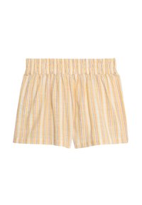 Gula randiga shorts med elastisk midja; mjukt, lättviktigt tyg med vertikala ränder i vitt och lavendel. Arrangerade med veck.