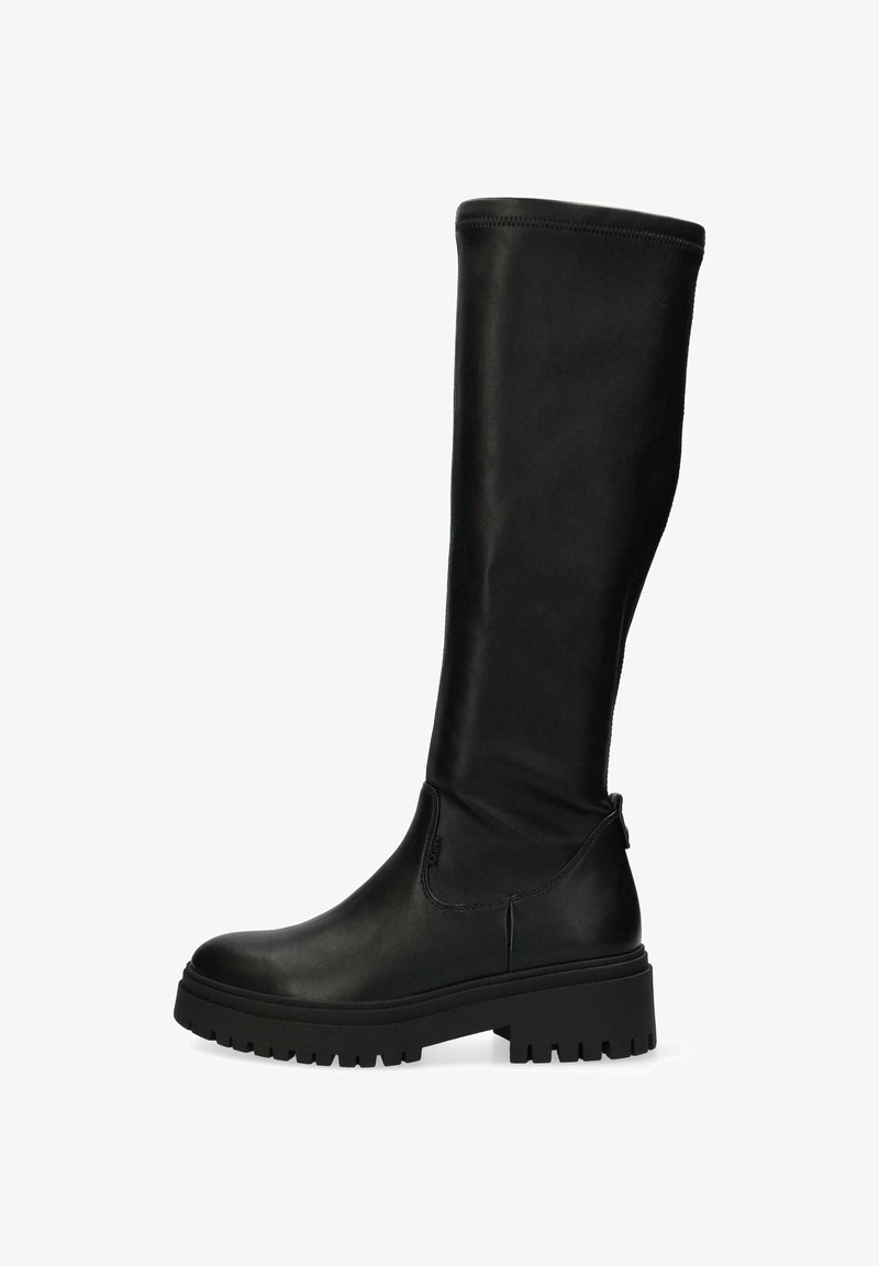 Svarta knähöga stövlar med en slät lädertextur, tjock gummisula och minimala söm detaljer. Rundad tå och sk slip-on design.
