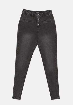 Høytliv svarte denim skinny jeans med fem-knappslukking, to frontlommer og en lett falmet tekstur. Flatt ben-design.