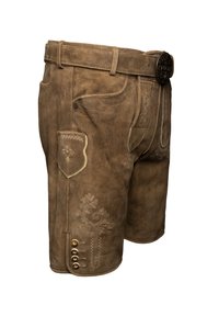 Lederhosen in Hellbraun mit kunstvoller floraler Stickerei, seitlicher Tasche und dekorativen Metallknöpfen. Klassische bayerische Designdetails.
