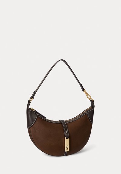 Pruun nahkportfell, millel on kõver kuju, kuldse lukuga ja tumesiniste aktsentidega. Tugev õlarihm ja kontrastne niit.