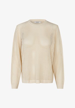 Pull beige en maille avec un motif texturé ressemblant à un filet, col rond, et manches longues avec poignets et ourlet côtelés.