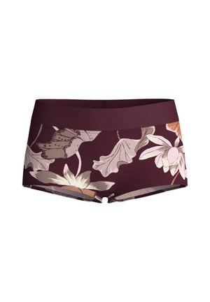 Bordeaux bloemen zwemshorts met een brede elastische tailleband, voorzien van grote bloemmotieven in crème en zachtroze op een donkere achtergrond.