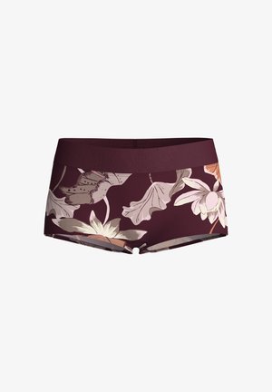 Bordeaux bloemen zwemshorts met een brede elastische tailleband, voorzien van grote bloemmotieven in crème en zachtroze op een donkere achtergrond.