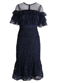 Robe bleu marine avec une manche à volant superposé en chiffon et une jupe en dentelle fleurie avec un Ourlet évasé. Texturée, avec une taille cintrée.